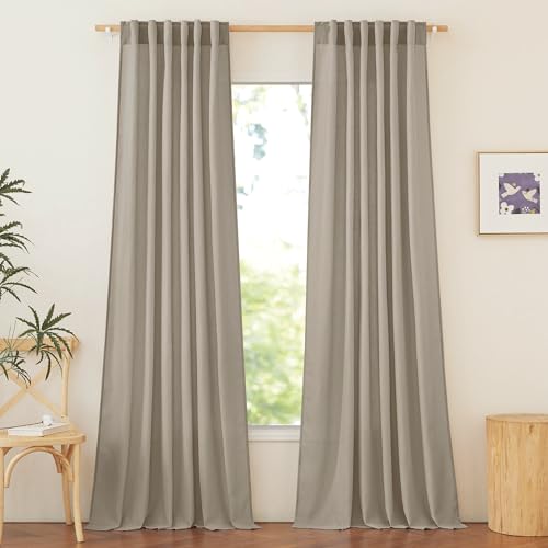 NICETOWN Linen Taupe Curtains for Bedroom, Rod Pocket & Back Tab Privacy Added Thick Flax Linen Blend with Light Filtering Window Treatments for Bedro