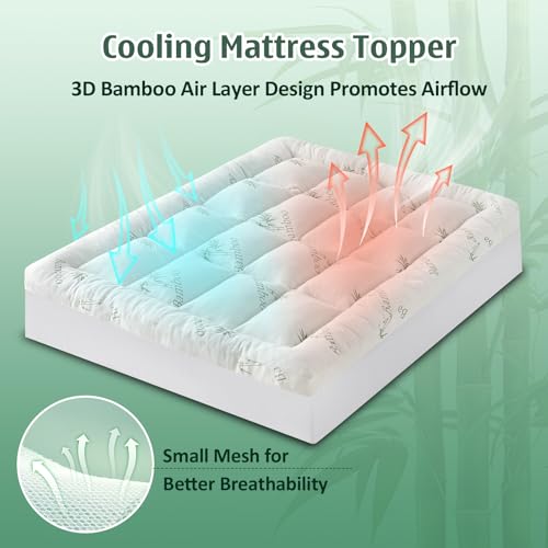Image of DOWNCOOL 3 Inch Full Mattress Topper - Cooling Memory Foam Mattress Topper for Back Pain Relief, Breathable Bamboo Viscose Air Layer, 1700 GSM Fill, Deep Pocket Fits 8-21 Inch