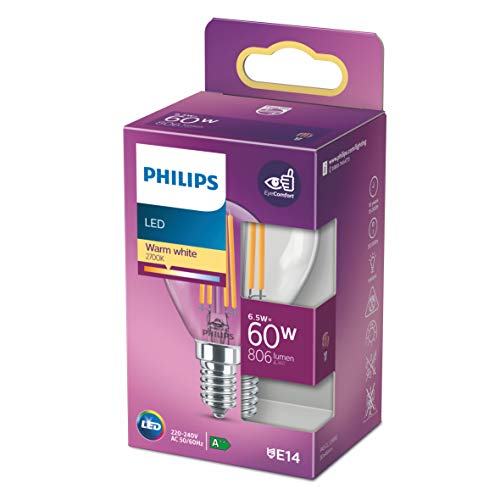 Philips Bombilla LED cristal 60 W E14, luz blanca cálida P45, transparente, no regulable