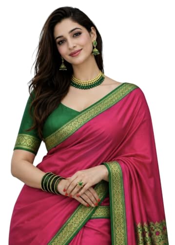 Image of Women's Glory Banarasi Satin Silk Saree with Rich Zari Woven Border & Pallu | Soft Glossy Party Fancy Traditional Saree for Wedding, Festive, Function | Blouse Piece Included