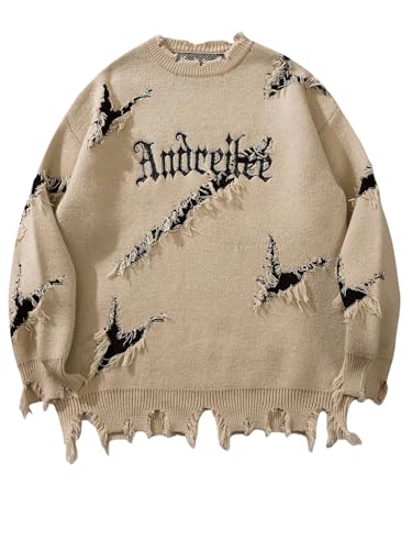 ZAFUL Men's Crew Neck Letter Embroidery Distressed Ripped Hole Long Sleeves Streetwear Knit Sweater Pullover (1-Khaki, M)