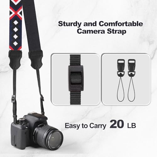 Image of Universal Camera Strap - Camera Neck Strap, Adjustable Shoulder Straps Compatible with Canon, Fujifilm, Nikon, Olympus, Panasonic and other SLR and mirrorless cameras - Red Black and White Weave