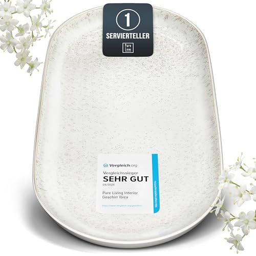 Steingut Servier Teller Groß Ibiza TESTSIEGER, Traumhafte Mediterrane Steingut Servierplatte, Serving Plate Oval, Servierteller Groß - Pure Living in Beige