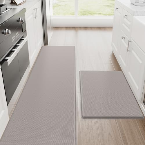 StepRite Kitchen Mats, 2PCS Kitchen Rugs, Cushioned Anti Fatigue Kitchen Mats for Floor, Non-Slip Standing Desk Mat, Waterproof Kitchen Rug Set for Kitchen, 20" x 32"+20" x 71"-0.4 inch Thick, Khaki