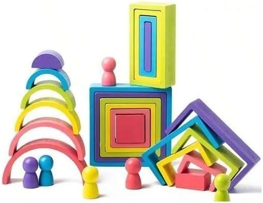 - Happy Hues Wooden Rainbow Stacking Blocks Toy Set, Montessori Geometric Nesting Building Blocks for Toddlers and Kids Ages 3+