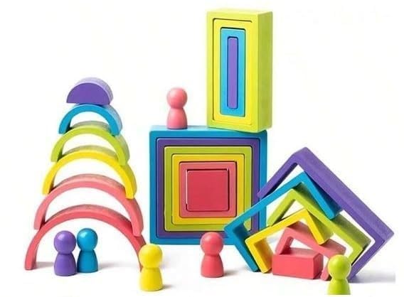 Image of Happy Hues Wooden Rainbow Stacking Blocks Toy Set, Montessori Geometric Nesting Building Blocks for Toddlers and Kids Ages 3+