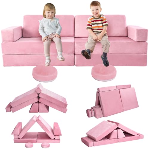 Mmucco Kids Play Couch,10Pcs Toddler Sofa for Playroom Bedroom, Modular for Playing, Creating, Sleeping (Pink)