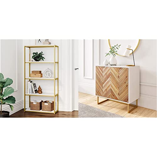 Nathan James Oscar Modern 5-Shelf Bookcase Industrial Bookshelf, Gold/White & Enloe Modern Storage, Free Standing Accent Cabinet, White/Gold #TOP11