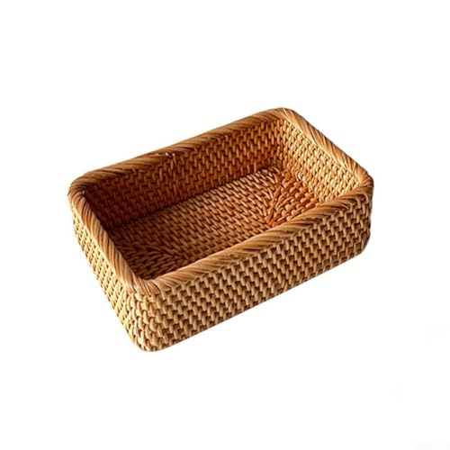 Organizador de escritorio de ratán natural, cesta cuadrada tejida a mano para frutas, suministros de oficina y más (pequeño)