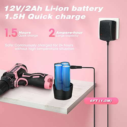 SHALL 43-teiliges rosa Akkubohrer-Set, 12 V elektrische Bohrmaschine, 3/8 Zoll schlüsselloses Bohrfutter, 2 Ah Li-Ion Akku, zum Bohren von Holz/Metall, Frauen DIY Projekte – Bild 6