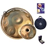 ASTEMAN Handpan in D Minor, 22 inches with 17 notes, comes with a backpack, courses, finger sleeves, stand, cleaning cloth, and two mallets.(Gold, 432hz)