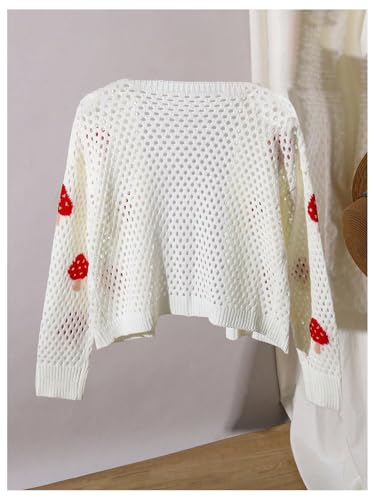 SweatyRocks Girl's Strawberry Print Crochet Cardigans Open Front Long Sleeve Hollow Out Sweater Cardigan2