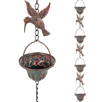 Qipade Rain Chain for Gutters, 8.7 Ft Rain Chains with 12 Cups & Detachable Hummingbird Decor, Adjustable Rain Catcher Chain with Bell for Eaves Drainage, Replacement for Downspout