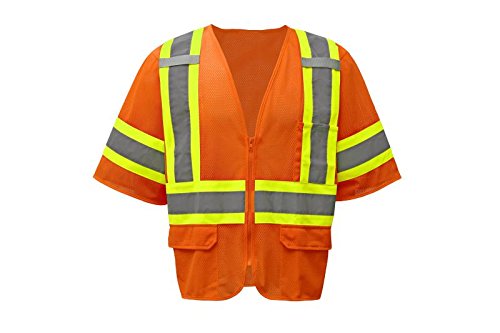 CJ Safety CJHVSV3001Z ANSI Class 3 High Visibility Two Tone Safety Vest Zipper Closure 100% Polyester Mesh (3XL, Orange)