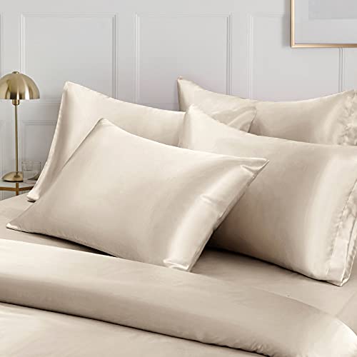 Image of Ersmak 6 Pieces Satin Duvet Cover King Size Luxury Silky Bedding Duvet Cover Set with 1 Soft Duvet Cover, 4 King Pillowcases and 1 Body Pillowcase, Beige