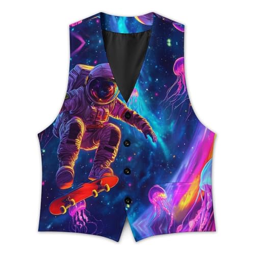 Astronaut on Skateboard Jellyfish Trendy Vest Suit for Men V Neck Formal Dress Waistcoat Vests Business Slim Fit2