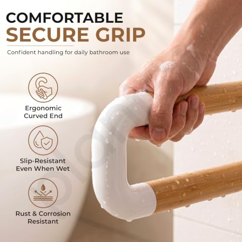 Image of Plantex Resin Grab Bar for Toilet with Grip /24 inch Anti-Slip Handle for Bathroom Support - Pack of 1 (White & Wood)