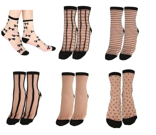 YYaaloa 6 Pairs Sheer Socks Black See Through Socks Summer Thin Ankle Socks Checkered Dot Striped Plaid for Women2