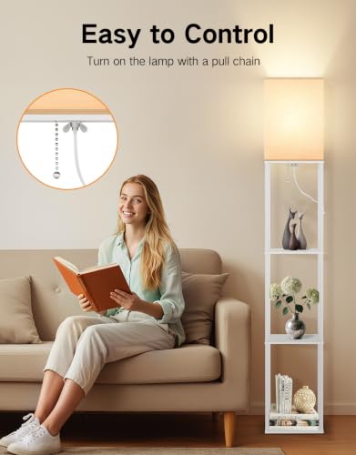 Image of OUTON Floor Lamp with Shelves, Modern Square Standing Shelf Lamp, White | 3 Color Temperature Bulb, Storage Display Wood Column Tall Bookshelf Lamp for Living Room, Bedroom Office