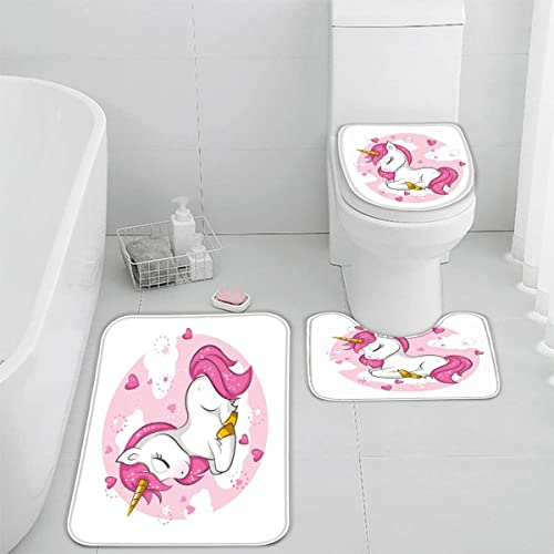 Zifarm Badematte rutschfeste 50x80 cm Einhorn-Cartoon Badvorleger-Set 3D Drucken Rosa, Süß Mikrofaser Flanell…