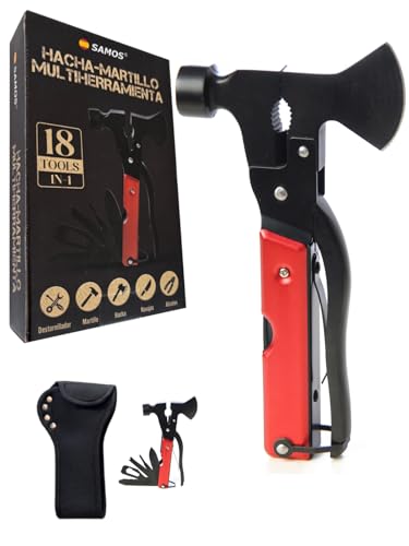 Samos® Regalos origianles para Hombre, Multiherramienta 18 en 1 – Regalo para Hombre Multiusos con Martillo, Hacha, Alicates, Destornillador, etc para Camping, Emergencias y Kit Supervivencia Militar