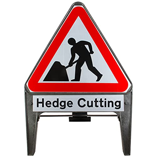Image of Men At Work With Hedge Cutting Supplementary Plate 750mm Triangle Road Sign 7001 - Plastic Temporary Road Street Traffic Safety Sign for Road and Street Works - Freestanding with Reflective Sign Face