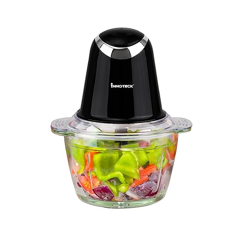 Innoteck Kitchen Pro 1L Mini Chopper with Glass Bowl - Mini Universal Chopper with Stainless Steel Blades - 2 Speeds, 500W - Detachable Design - Food Chopper for Vegetables, Fruit and Nuts