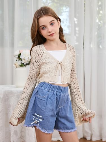 Milumia Girl's Tie Front Crochet Cardigan Hollow Out Long Sleeve Knit Crop Cover Up Top4
