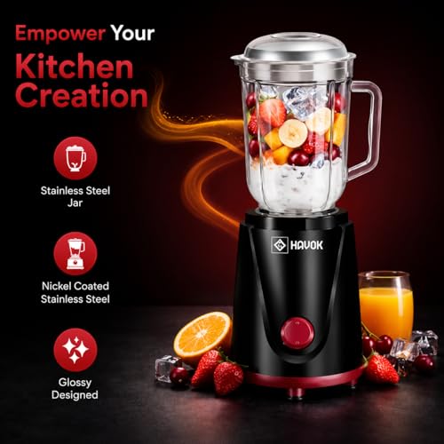 Image of HAVOK Valuemix 750W Juicer Mixer Grinder | Powerful Motor with 20,000 RPM | Includes 4 Stainless Steel Jars | Auto Overload Protection | Sleek Black & Red Design