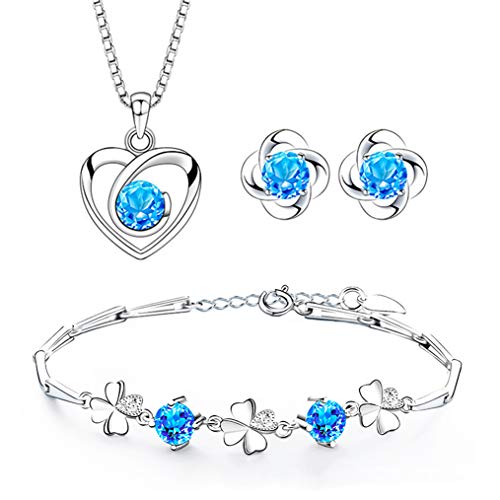 Josfeva Schmuck Set Damen Silber 925, Herz Halskette & Klee Armband & Klee Ohrstecker Set mit 5A Blau Zirkonia, Liebe Halskette Damen Ohrringe Ohrstecker Silber Armkette Damen mit Geschenkbox Cover