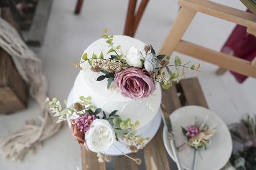 Decoración para pastel de boda con flores artificiales blancas y marrones miniatura 4