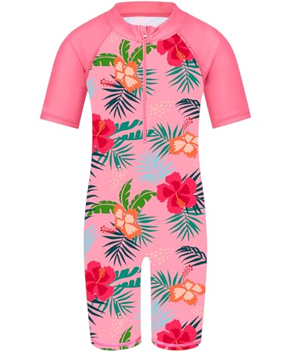 TFJH E Short Sleeve Girls Swimwear Rash Guard Suits UV 50+ One Piece Bathing Suit 406 Pink Flower 6A