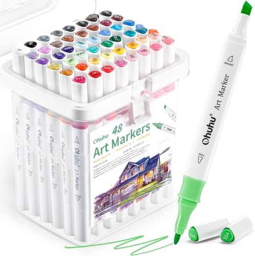 Image of Ohuhu Alcohol Markers,48-Color Art Marker Set For Architectural Design - Landscape Double Tipped Chisel & Fine Alcohol-Based Drawing Marker For Artists Students' Art Class Adults Coloring,Multicolour