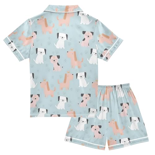 Dog Funny Cute Pattern Summer Satin Pajama Set, Cute Button-Down Sleepwear Pj Set for Sleep Wears2