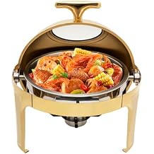 6QT Gold Round Chafing Dish Buffet Set, Stainless Steel Roll Top Chafer with Thick Frame, Buffet Warmer Set for Catering Events Weddings Parties Dinners Christmas Gatherings