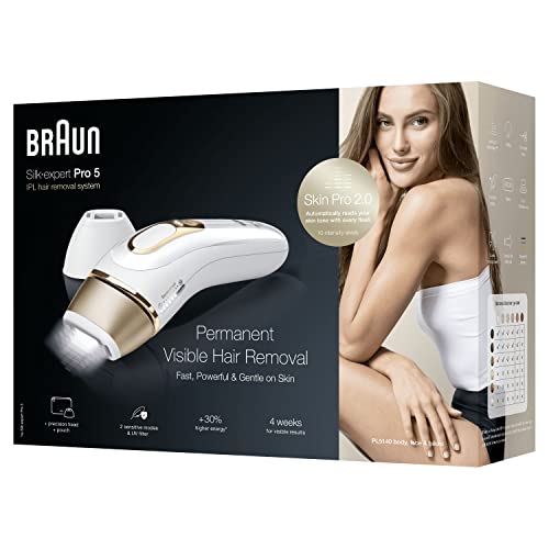 Braun Silk·expert Pro 5, épilateur à lumière pulsée, avec pochette et tête de précision, alternative à l’épilation au laser, Blanc/Doré, PL5140