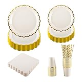 125PCS Beige Party Tableware Set - Beige & Foil Gold Scalloped Paper Plates, Cups, Napkins, Straws for 25 Guests, Party Supplies for Birthday, Picnic, Wedding, Baby Shower