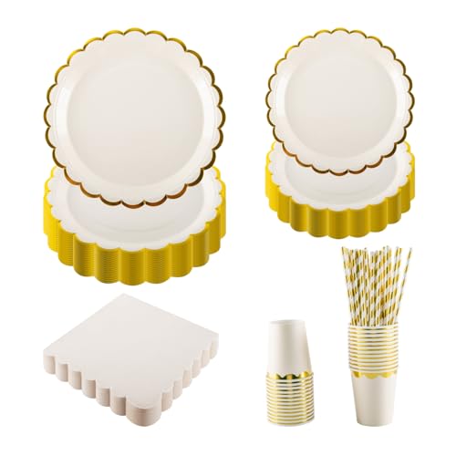 125PCS Beige Party Tableware Set - Beige & Foil Gold Scalloped Paper Plates, Cups, Napkins, Straws for 25 Guests, Party Supplies for Birthday, Picnic, Wedding, Baby Shower