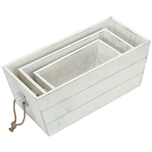 Mygift Vintage White Wood Decorative Storage Box Set With Rope Handles, Country Rustic Open Top Crate Style Bin, 3 Piece Set #TOP6