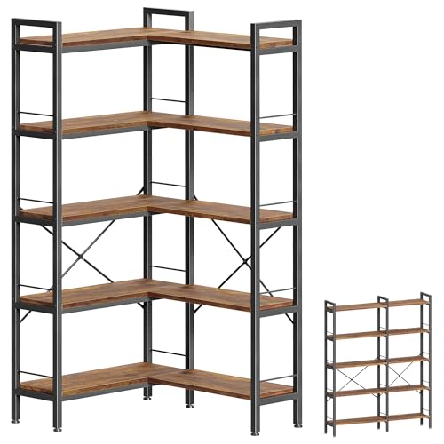 Huuger 5 Tier Bookshelf, L Shaped Corner Bookshelf with 10 Open Shelves, 49.4 Inch Straight Wide Bookcase with Metal Frame and Wooden Board, Adjustable Feet, Rustic Brown