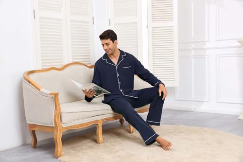 Image of Veseacky Mens 100% Cotton Pajamas Set Long Sleeve Button Down Sleepwear Soft Loungewear Pjs with Pockets
