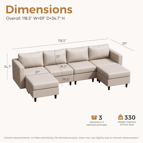 Image of ABCASA Oversized Modular Sectional Sofa, 118.5 inch Faux Leather 6 Seater U Shaped Couch with Movable Ottoman and Storage Seat with Reversible Chaise Deep Seat for Living Room Whitesand