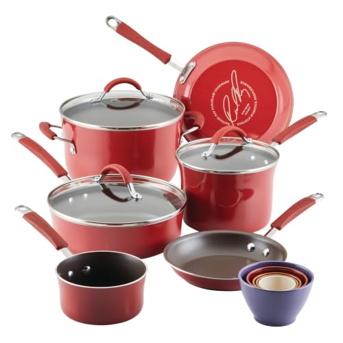 Image of Rachael Ray Cucina Nonstick Cookware Pots and Pans Set, 14-Piece, Cranberry Red