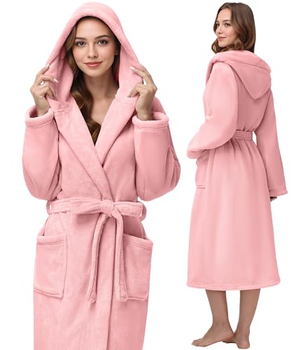 Eonkasp Hooded Absorbent Fleece Robes for Women Soft Plush Towel Bathrobe for Women - Quick Dry Spa Shower Warm and Cozy Pink S/M