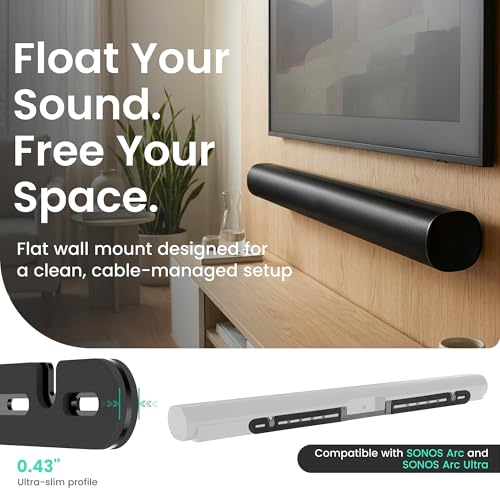 Image of ynVISION.DESIGN Soundbar Wall Mount compatible with Sonos Arc Ultra and Sonos Arc - Includes All Hardware and Anchors for Drywall & Hard Surface- Vibration-Reducing Foam Pads - Flat Wall Mount - Black