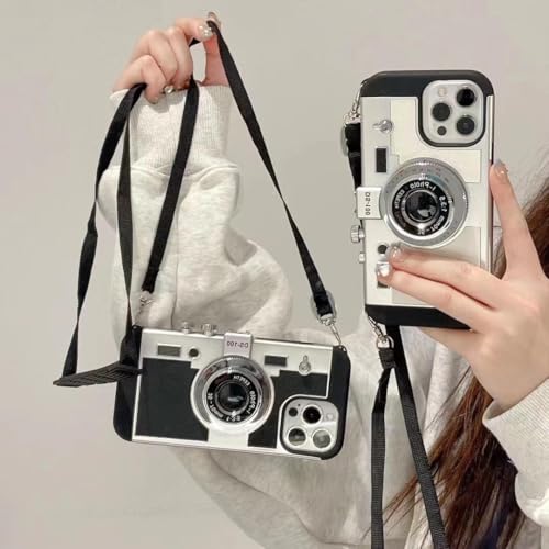 Image of Retro Camera Design Phone Case with Neck Strap for iPhone 13 Pro, Vintage Style Protective Cover, Grey (iPhone 16 pro)