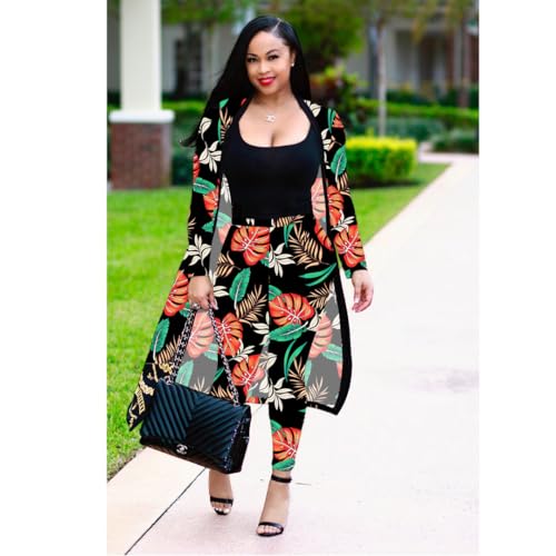 Image of Max2co Women 2 Piece Outfits Floral Long Sleeves Open Front Cardigan Cover up with Leggings High Waist Long Pants Set