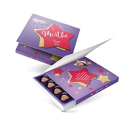 Caja personalizada de Milka - Personaliza una caja con nombre y mensaje, los chocolates tienen forma de corazón y está rellenos de una deliciosa creamd de avellanas y nougat (110 gramos)