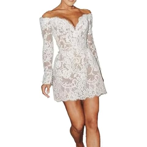 dufetin Lace Applique Tulle Wedding Dresses for Bride 2025 Short Bridal Gowns Long Sleeves V-Neck Sexy Bridal Dress for Bride White US10 Cover