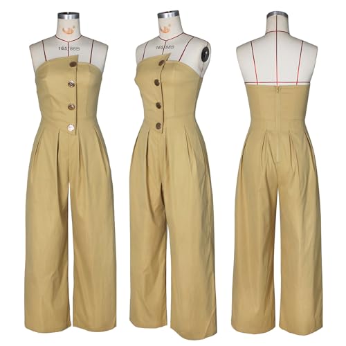 HuiSiFang Women's Sexy Tube Top Strapless Jumpsuits Casual Button High Waist Loose Wide Leg Jumpsuits Romper Streetwear